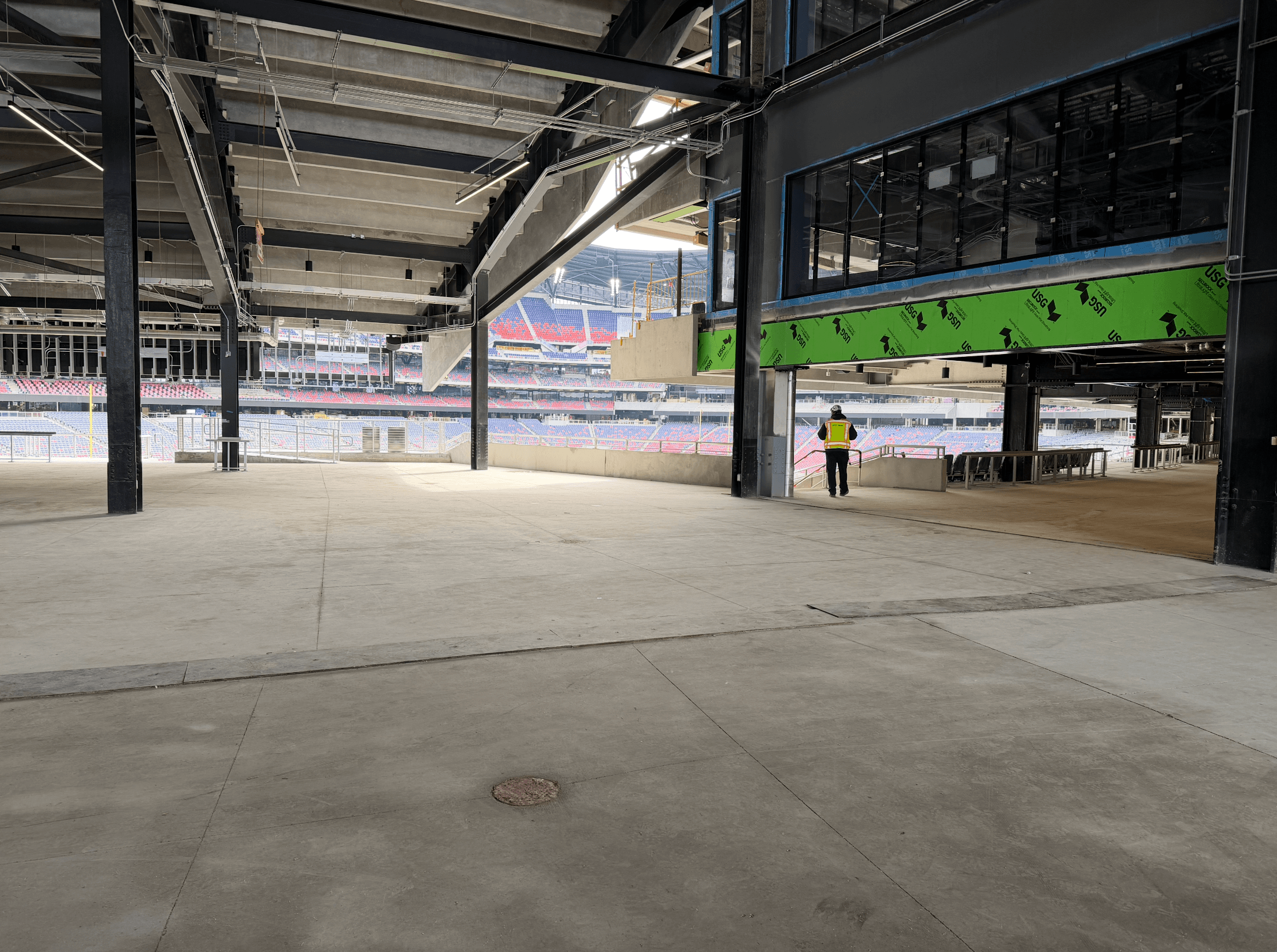 View from the 100-level atrium of the new Bills stadium as fans walk in.